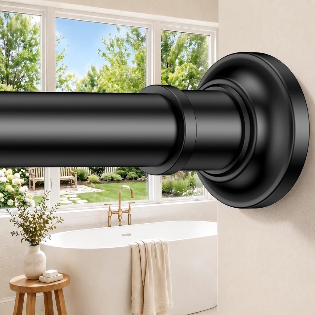 Black Long Curtain Rod Tension Shower Curtain Rods 30 to 120 inch | Adjustable Spring Heavy Duty 10ft Outdoor Tension Rod No Drilling for Bathroom Window Patio No Slip Spliced Telescopic Design