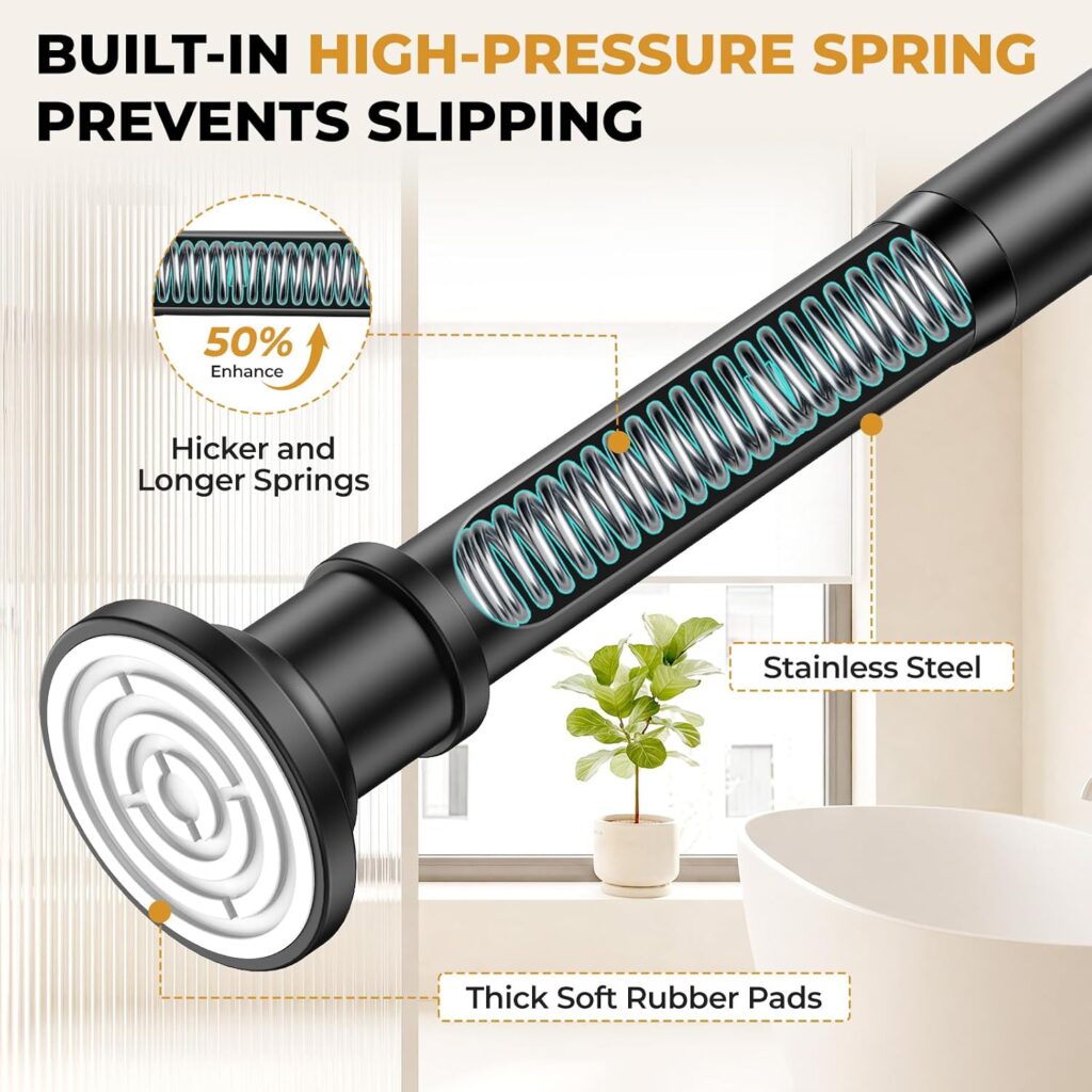 Black Long Curtain Rod Tension Shower Curtain Rods 30 to 120 inch | Adjustable Spring Heavy Duty 10ft Outdoor Tension Rod No Drilling for Bathroom Window Patio No Slip Spliced Telescopic Design