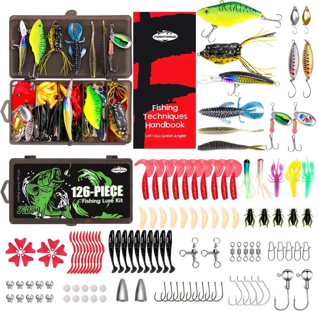 FONMANG Fishing Lures – Tackle Box with Tackle Included, Fishing Kit with VIBs, Frogs, Minnows, Soft Baits, Hooks & Weights Accessories, Freshwater Lure Kit for Bass Walleye Trout