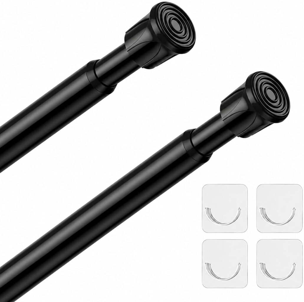 2 Pack Tension Curtain Rods 28-48 Inch,Small Tension Rods, Black | Adjustable Small Spring Curtain Rod No Drill, Fits Window Kitchen Curtain Doorway Bathroom Closet