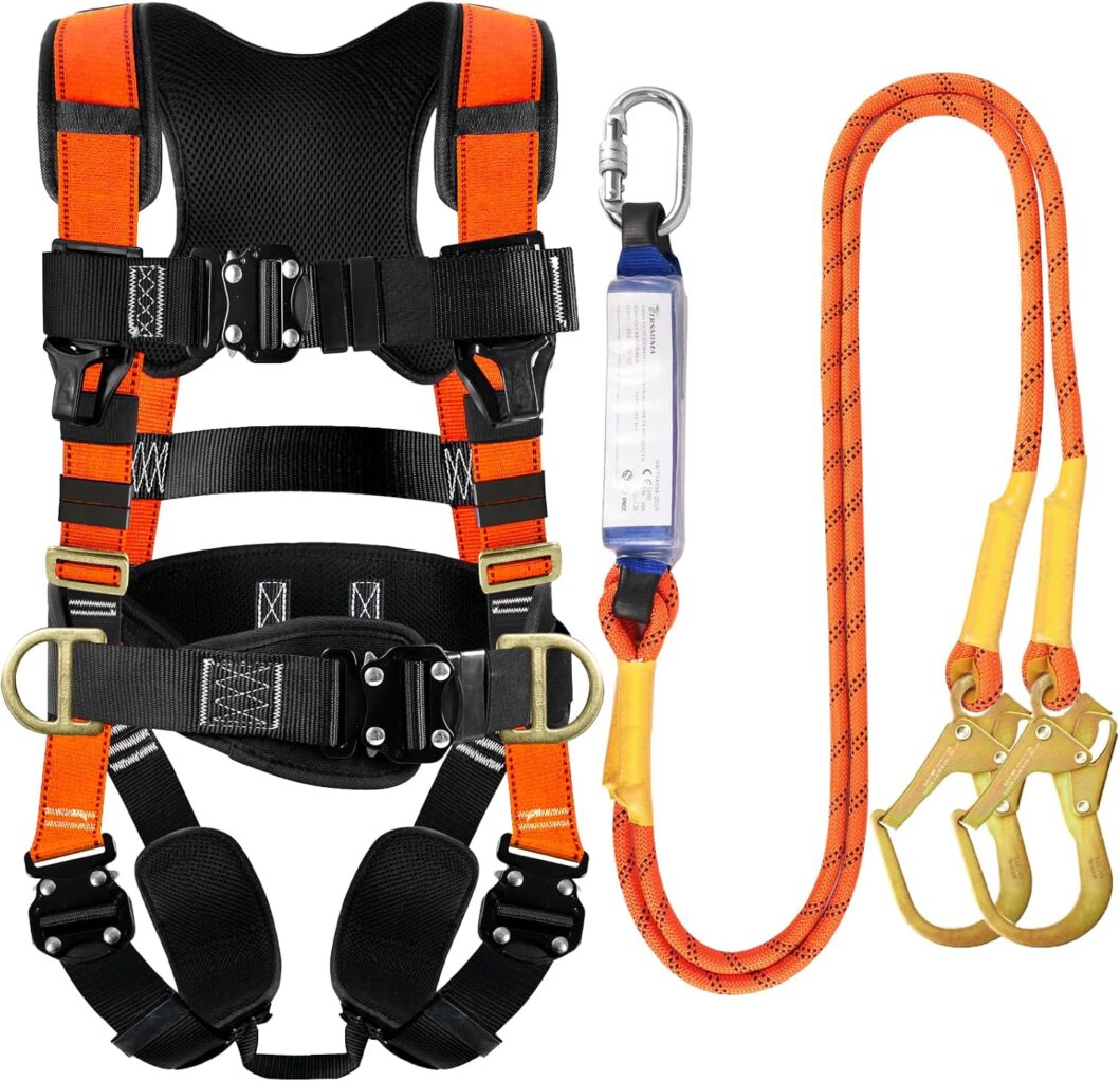 TRSMIMA Safety Harness Fall Protection – Harness Kit for Men Construction | Fall Arrest Roofing Harness Kit Men Full Body Harness with Lanyard for Work Upgrade 4 Quick Buckles Orange