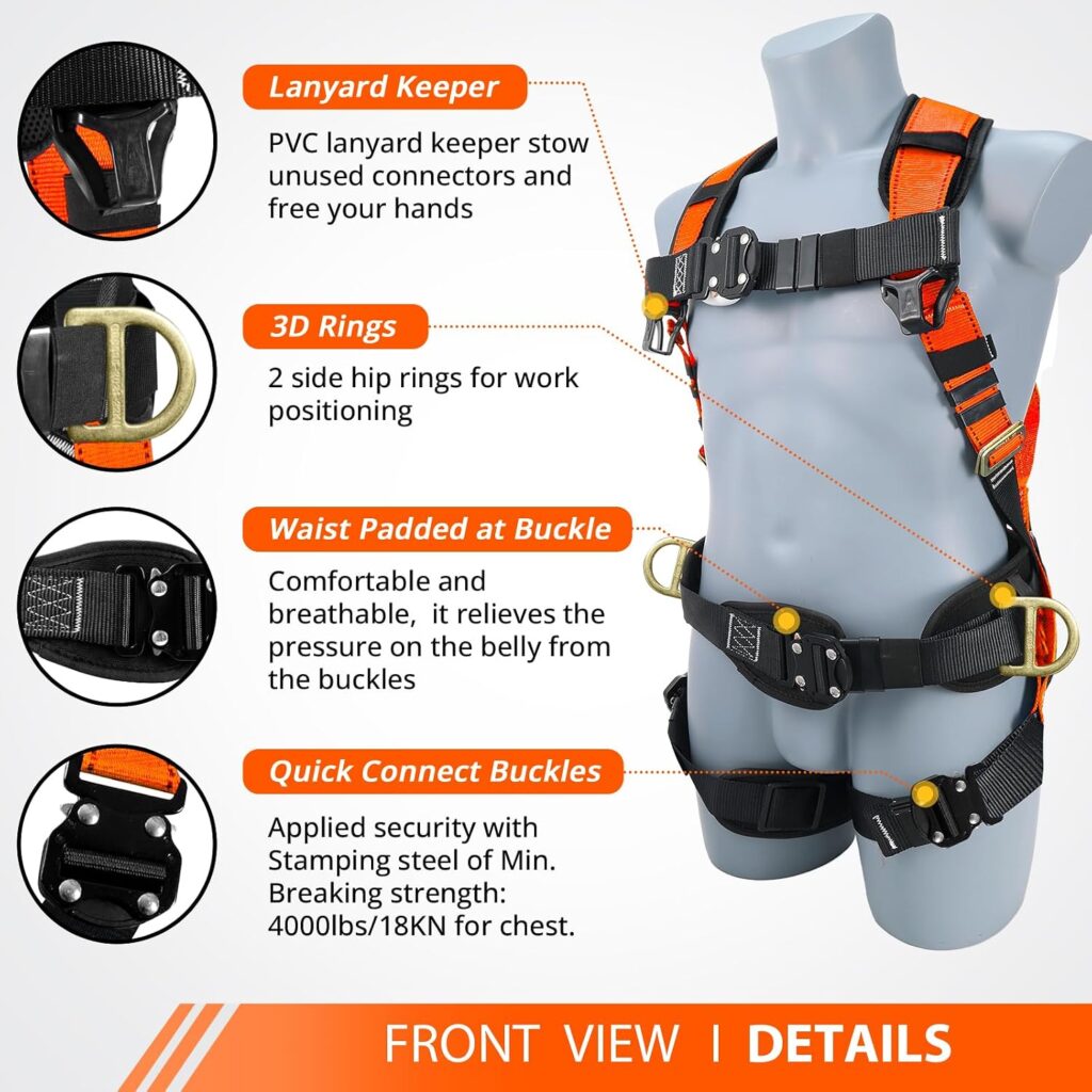 TRSMIMA Safety Harness Fall Protection – Harness Kit for Men Construction | Fall Arrest Roofing Harness Kit Men Full Body Harness with Lanyard for Work Upgrade 4 Quick Buckles Orange